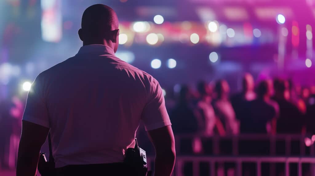 Agent de sécurité de dos veillant sur une foule lors d'un événement nocturne, éclairé par des lumières vives violettes.
