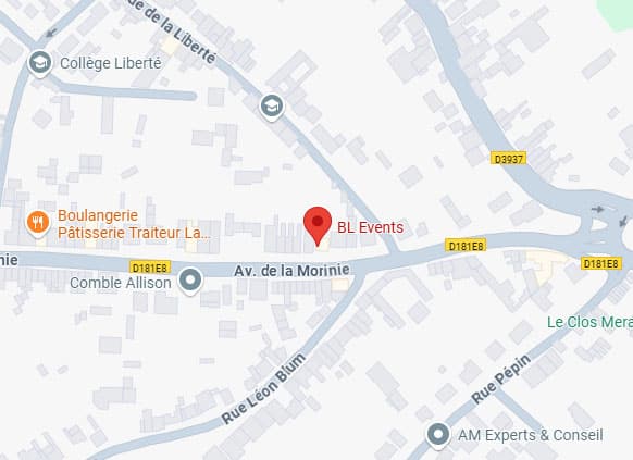BL Events : Carte et localisation Av. Morinie Carte d'Av. de la Morinie indiquant l'emplacement de BL Events. Proche de Collège Liberté, Boulangerie, Rue Léon Blum, D181E8.