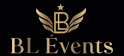 Logo BL Events doré avec lettres entrelacées, ailes et étoile sur fond noir.