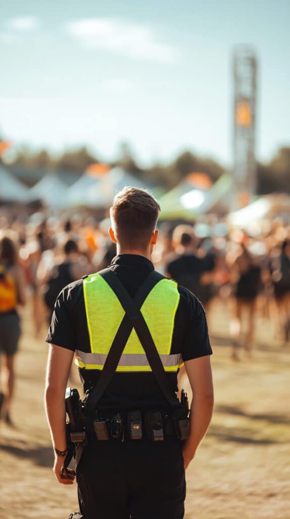 Officier de police vu de dos portant gilet réfléchissant jaune et équipement à un événement extérieur avec foule.